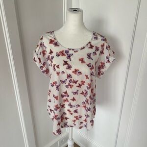 New Glory Womens White Butterfly Print Round Neck Short Sleeve Blouse Size Large